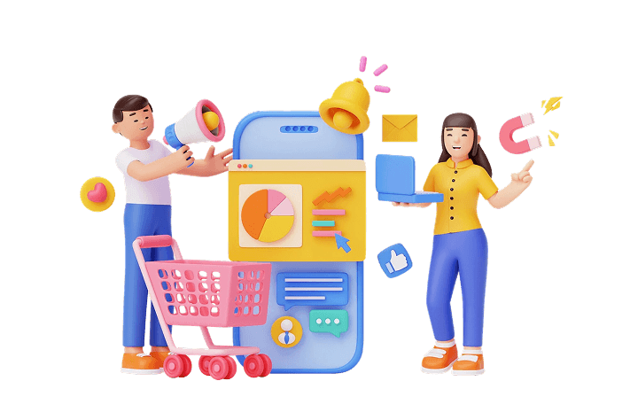 Illustration 3D de deux bonhommes en train de construire un site e-commerce